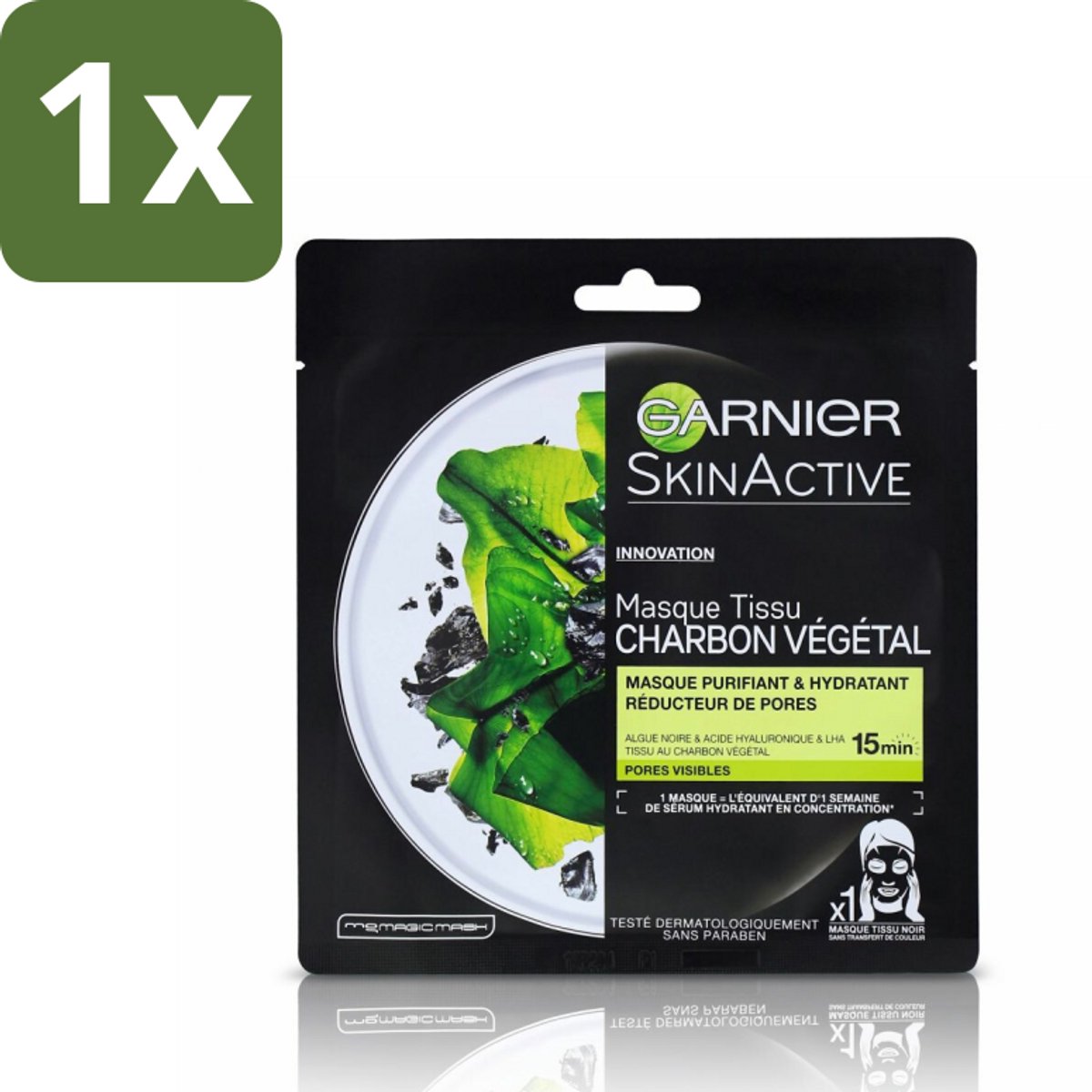 1 x Garnier - SkinActive - Tissue Masker - Charcoal - 1 Gezichtsmasker - Huidzuiveren - Huidhydraat - Huidstructuur - Poriën Verfijnen - Houtskool Masker
