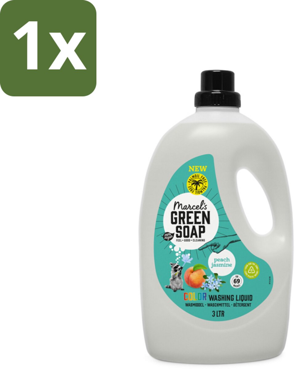 1 x Marcel's Green Soap - Vloeibaar Wasmiddel - Kleurwas - Perzik & Jasmijn - Natuurlijk & effectief - 69 wasbeurten - 3 liter - Vloeibaar Wasmiddel - Geel Wasmiddel - Geur Wasmiddel - Geur Wasmiddel Perzik En Jasmijn - Duurzaam Wasmiddel