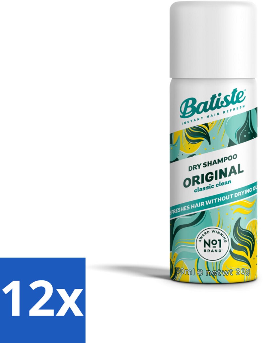 12 x Batiste - Classic Clean - Droogshampoo - Koele en Schone Geur - Verfrist en Geeft Grip - 50ml - Droogshampoo - Fris Haar - Haarverfrisser - Mini Shampoo - Travel Size