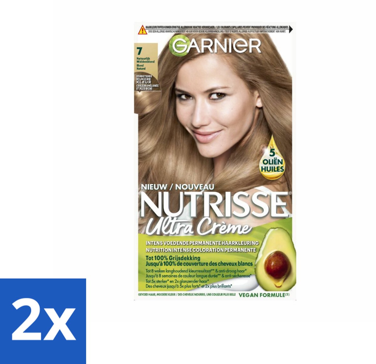 2 x Garnier - Nutrisse Ultra Crème 7 - Haarkleuring - Natuurlijk Blond - Intens Voedend - Permanente Kleur - Haarverf - Permanente Haarkleuring - Blond Haar - Grijsdekking - Voedende Haarkleuring