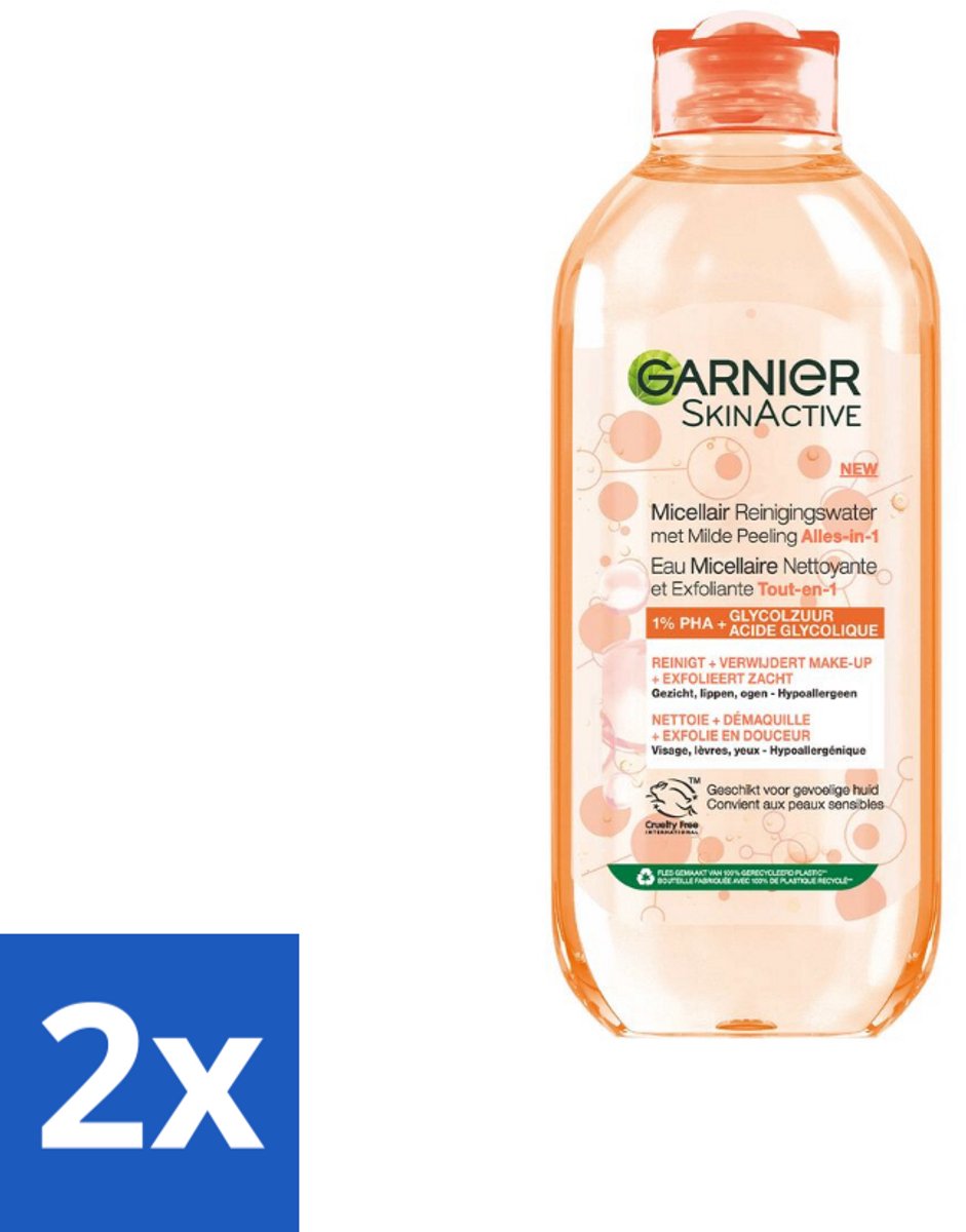 2 x Garnier - SkinActive - Micellair Reinigingswater - Milde Peeling - Alles-in-1 - 400 ml - Micellair Water - Reinigingswater - Peeling - Gezichtsreiniger - Milde Exfoliatie