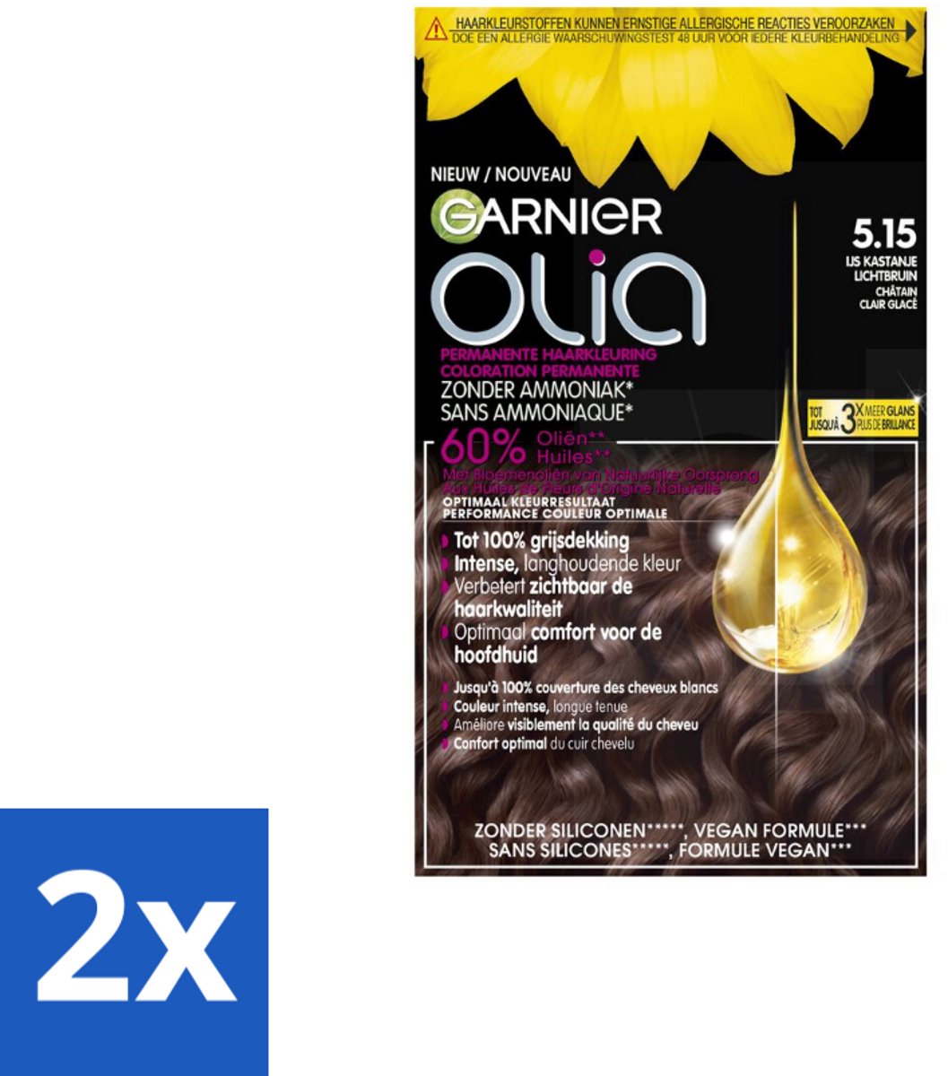 2 x Garnier - Olia 5.15 - Haarkleuring - Kastanje Lichtbruin - Zonder Ammoniak - 100% Grijsdekking - Permanente Haarkleuring - Haarkleur - Kastanje - Lichtbruin - Grijsdekking