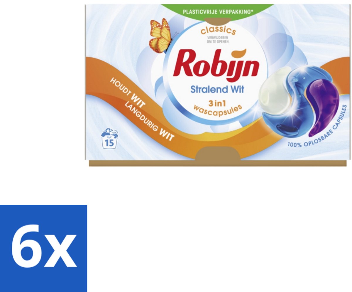 6 x Robijn - 3-in-1 Stralend Wit - Wascapsules - 15 Wasbeurten - Witte Was - Wascapsules - Wasmiddel - Vlekken Verwijderen - Frisse Geur