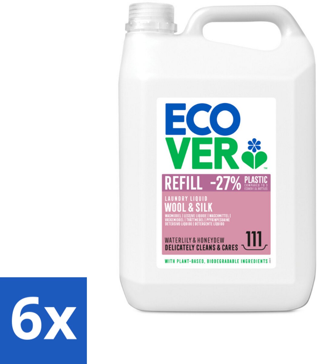 6 x Ecover - Vloeibaar wasmiddel - Wol & Fijnwas - Waterlelie & Honingmeloen - 5 liter - 111 wasbeurten - Wasmiddel Wol - Wasmiddel Zijde - Wasmiddel Fijnwas - Biologisch Wasmiddel - Vegan Wasmiddel