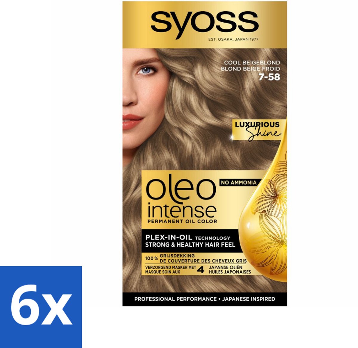 6 x SYOSS - Oleo Intense 7-58 Cool Beige Blond - Haarverf - Zonder Ammoniak - Grijsdekking - Langdurige Kleur - Permanente Haarkleuring - Haarkleur - Olie-formule - Ammoniakvrij - Grijsdekking