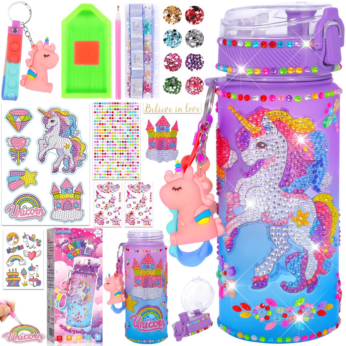 Drinkfles voor meisjes 4-11 jaar - Eenhoorn ontwerp - Creatieve knutselset - Personaliseer met strass-stickers - ShopVlot