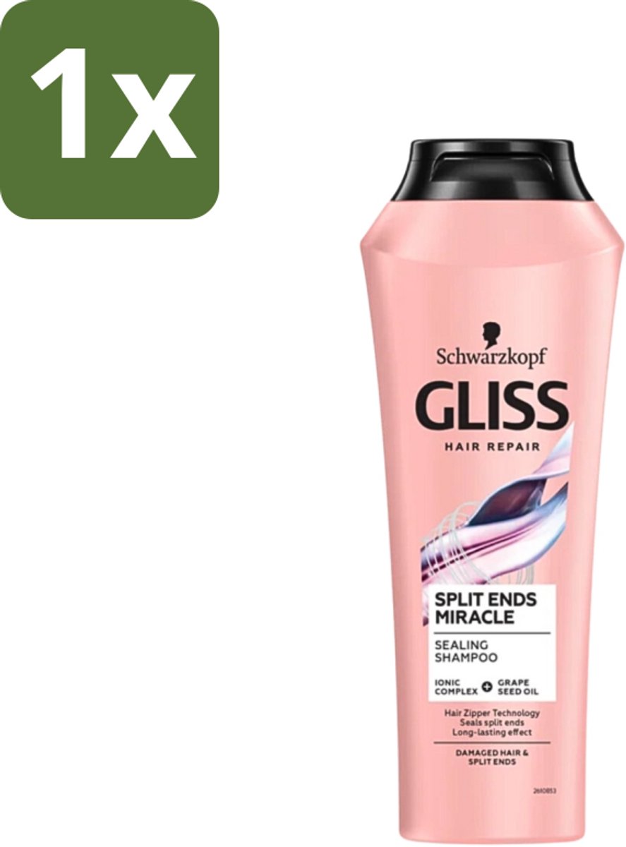 1 x Gliss - Shampoo - Split Hair Miracle - Voor Beschadigd Haar - 250 ml - Gespleten Haarpunten - Beschadigd Haar - Haarherstel - Druivenpitolie - Ionentechnologie