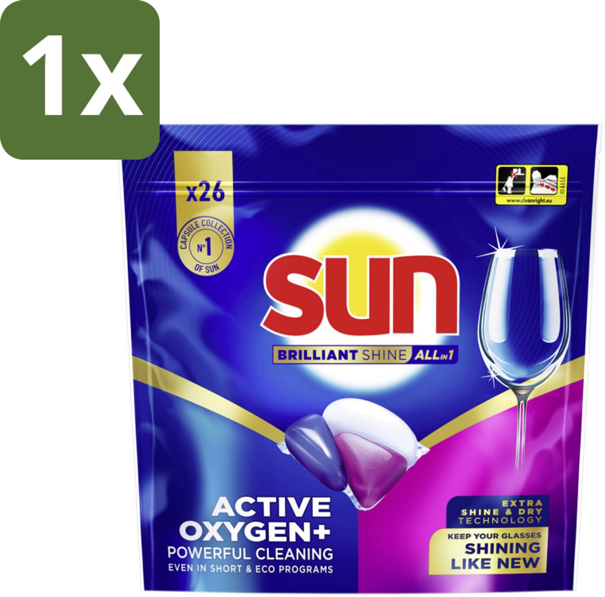 1 x Sun - Vaatwascapsules - Brilliant Shine All-in-1 - 26 capsules - Vaatwasmiddel - Vaatwascapsules - Glans - Reiniging - Anti-kalk