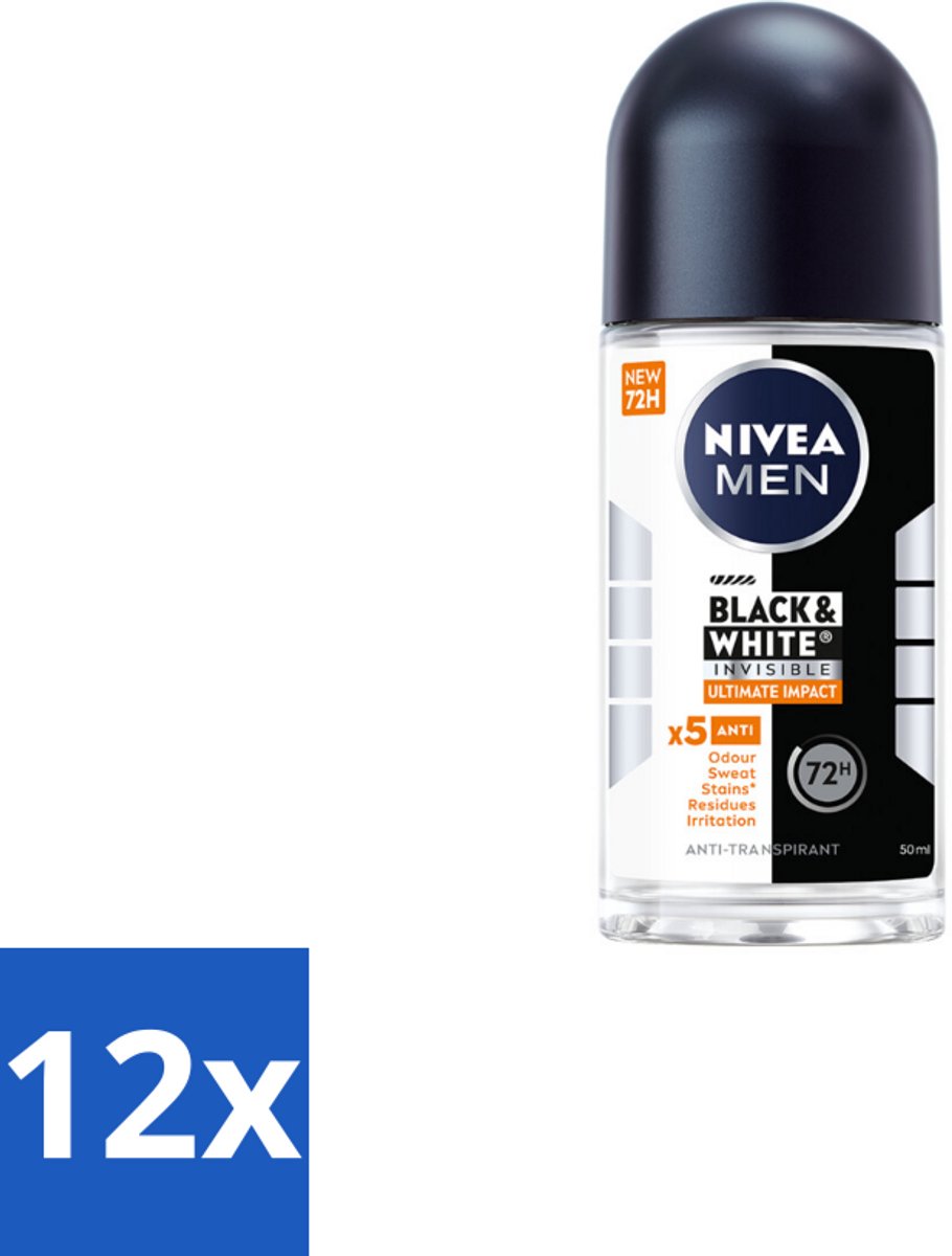 12 x NIVEA MEN - Deodorant Roller - Black & White Ultimate Impact - 50 ml - Deodorant - Zweetbestendig - Anti-vlekken - Kledingbescherming - Huidbescherming