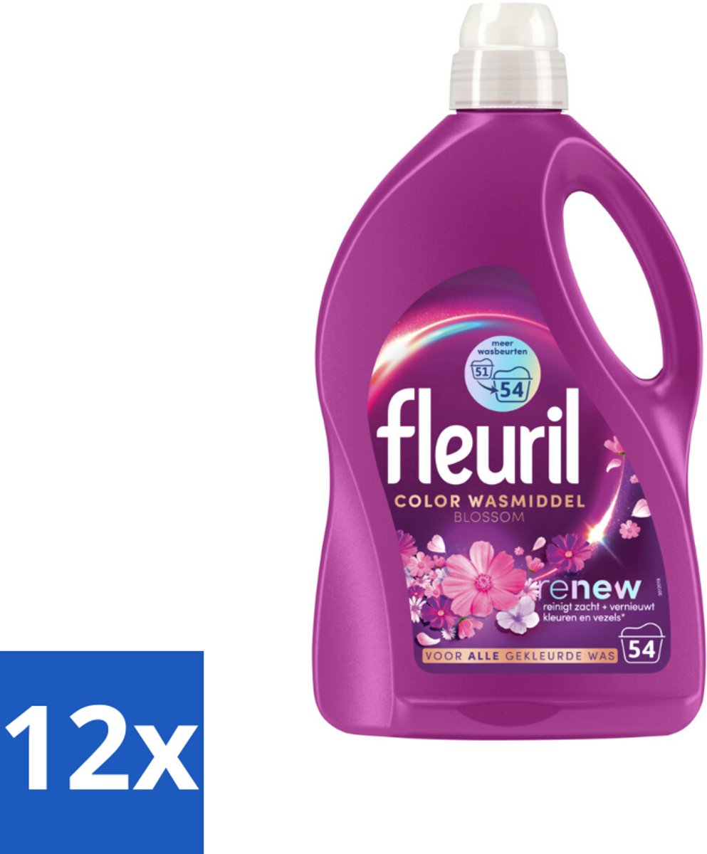 12 x Fleuril - Wasmiddel - Color Blossom Vloeibaar Wasmiddel - Kleurbehoud & Bloemige Geur - 54 wasbeurten - Wasmiddel - Kleurwas - Wasverzorging - Vloeibaar Wasmiddel - Wasmiddel Voor Gekleurde Was