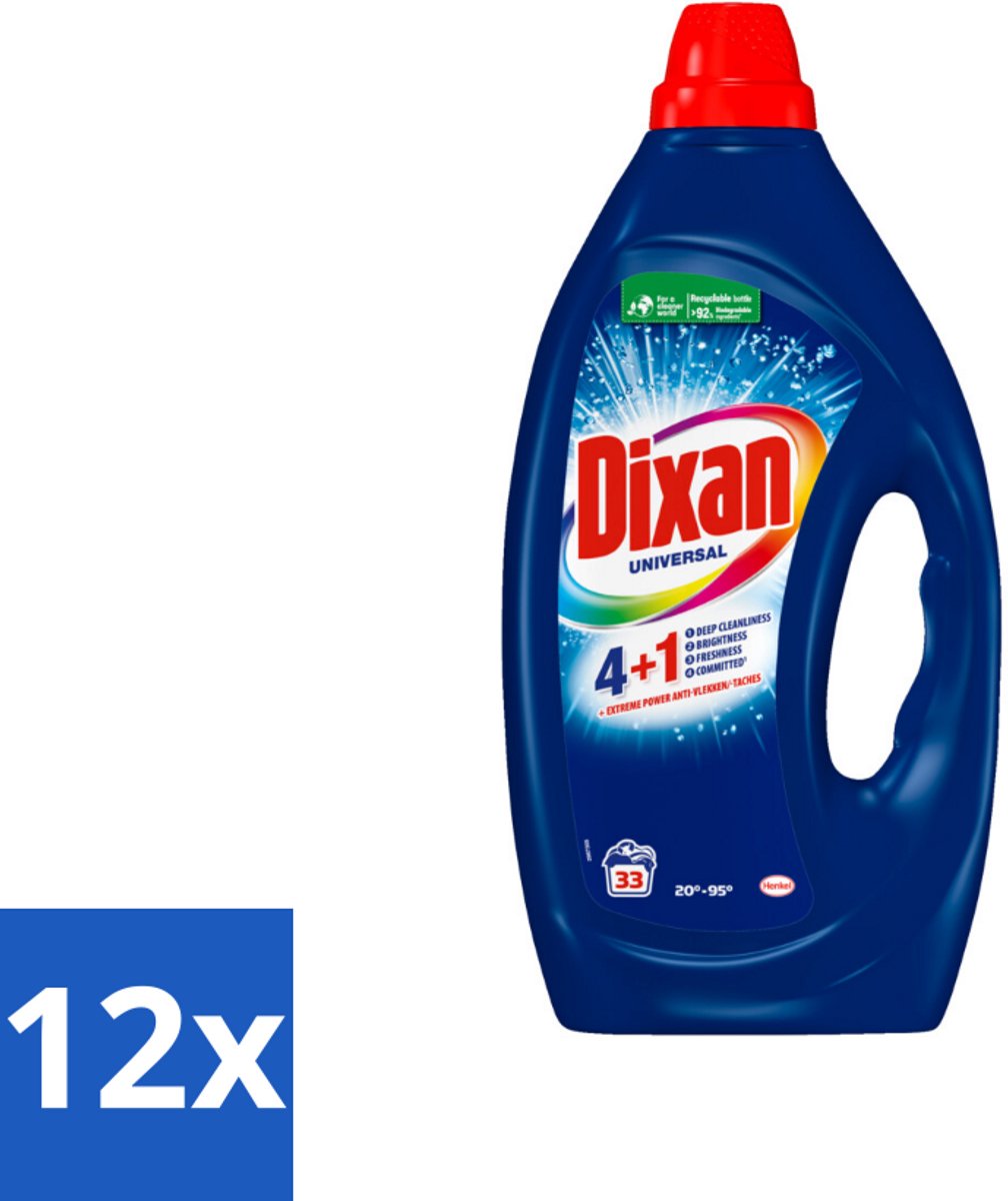12 x Dixan - Vloeibaar wasmiddel - Universeel - 33 wasbeurten - Dixan - Wasmiddel - Vloeibaar Wasmiddel - Waskracht - Vlekken Verwijderen