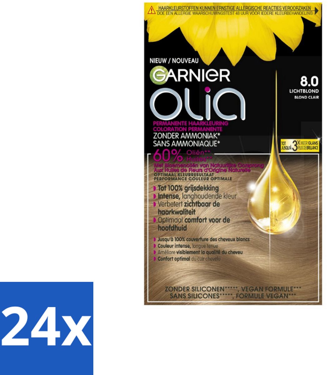 24 x Garnier - Olia 8 - Haarkleuring - Lichtblond - Zonder Ammoniak - 60% Olie - Permanente Kleur - Permanente Haarkleur - Haarkleur Zonder Ammoniak - Olia Garnier - Haarkleuring Blond - Grijsdekkende Haarkleur