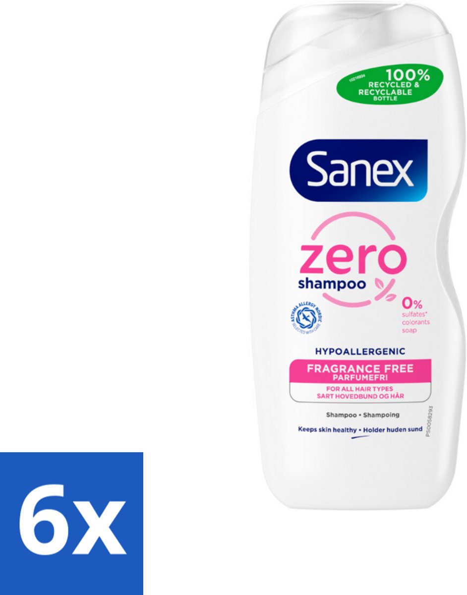 6 x Sanex - Shampoo - Zero% Normal Hair - Milde Reiniging - 250 ml - Sanex Shampoo - Shampoo Normaal Haar - Natuurlijke Shampoo - Biologische Shampoo - Sulfatenvrije Shampoo