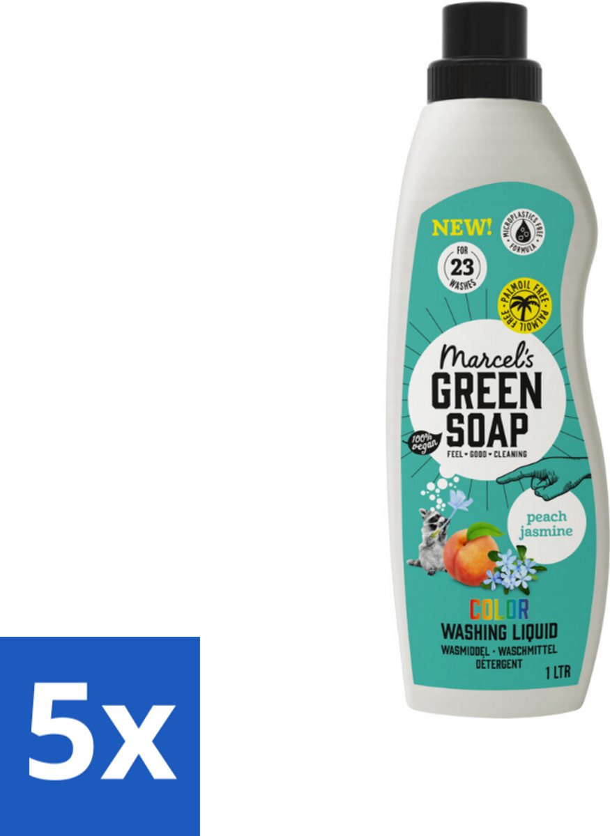 5 x Marcel's Green Soap - Vloeibaar Wasmiddel - Kleur - Perzik & Jasmijn - Effectief & natuurlijk - 23 Wasbeurten - 1 liter - Wasmiddel Perzik En Jasmijn - Geur Perzik En Jasmijn - Geur Fruitig - Kleur Perzik En Jasmijn - Duurzaam Wasmiddel