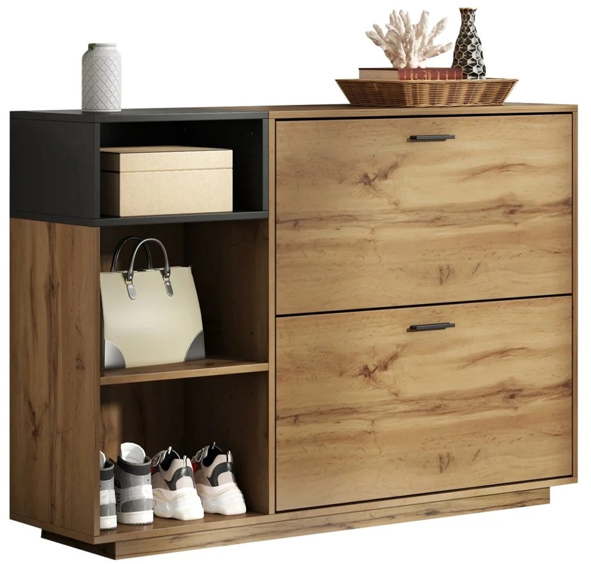 Emvae Schoenenkast - Schoenenkast met Kanteldeuren - Schoenenopbergkast voor Hal en Entree - Schoenenrek met 2 Klepvakken en 3 Open Vakken - 120 x 32 x 84,5 cm - MDF - Houtkleur en Zwart