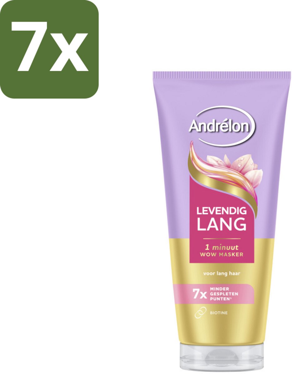 7 x Andrélon – Haarmasker WOW – Levendig Lang – 180 ml - Haarmasker - Lang Haar - Gespleten Punten - Haarversterking - Biotine