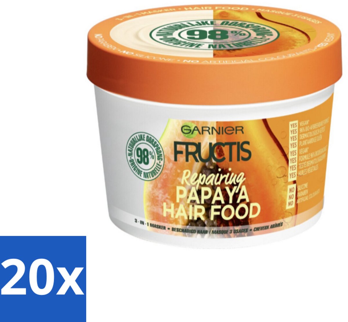 20 x Garnier - Fructis Hair Food Papaya - 3-in-1 Haarmasker - Beschadigd Haar - 400 ml - Haarherstel - Beschadigd Haar - Haarmasker - Papaya-extract - Kokosolie