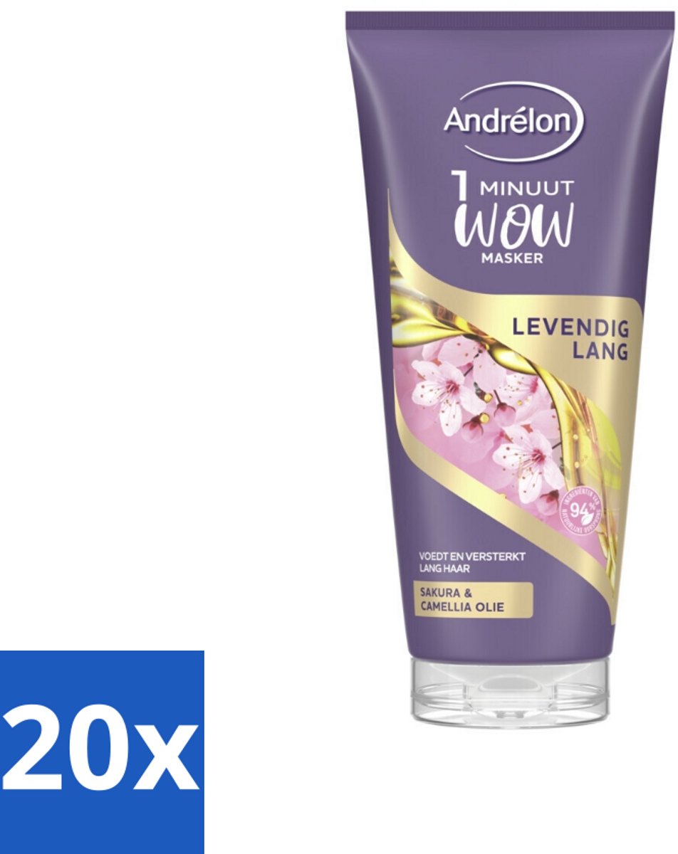20 x Andrélon - WOW - Masker - Levendig Lang - 180 ml - Haarmasker - Lang Haar - Intensieve Verzorging - Sakura-olie - Camellia-olie