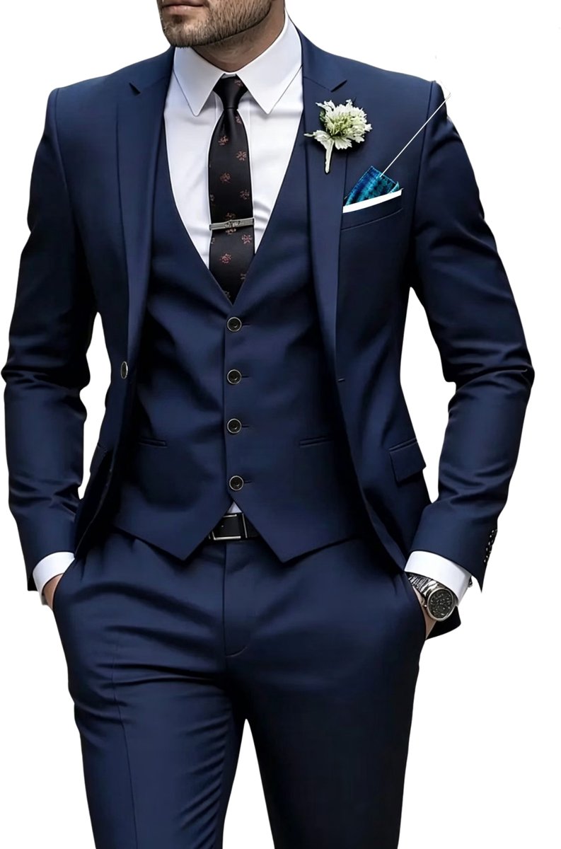 Currero 3 Delig Herenpak Met Overhemd - Suit 2 Delig - Tailored Fit Kostuum - Business Pak - Trouwpak - Smoking - Tuxedo Stijl - Bruiloft, Kantoor & Feest - Marineblauw XXL