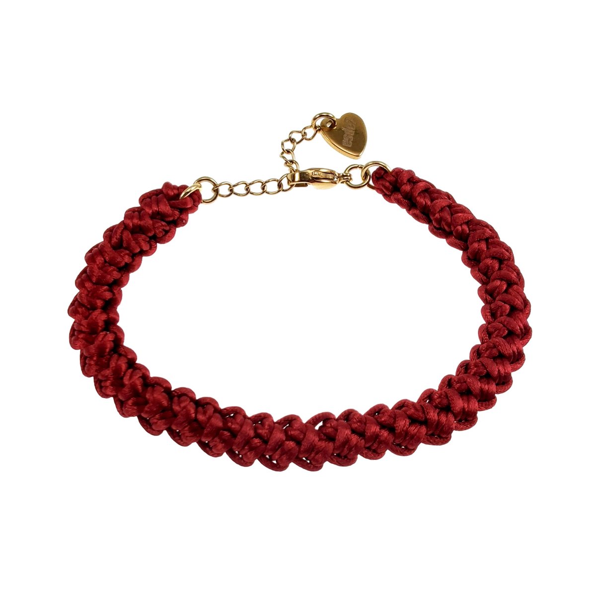 Gehaakte Damesarmband van Bordeauxrood Satijnachtig Nylonkoord, RVS Verguld, Handgemaakt door esde2 - Verstelbaar 15 tot 18 cm