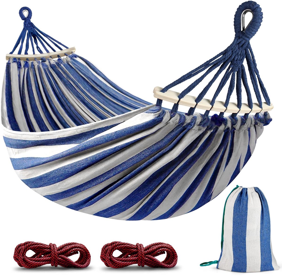 Dailygoods- Hangmat outdoor campinghangmat - gebogen houten stang - bevestigingsriemen - draagtas - 216 cm x 155 cm - tot 250 kg draagvermogen - Schommel