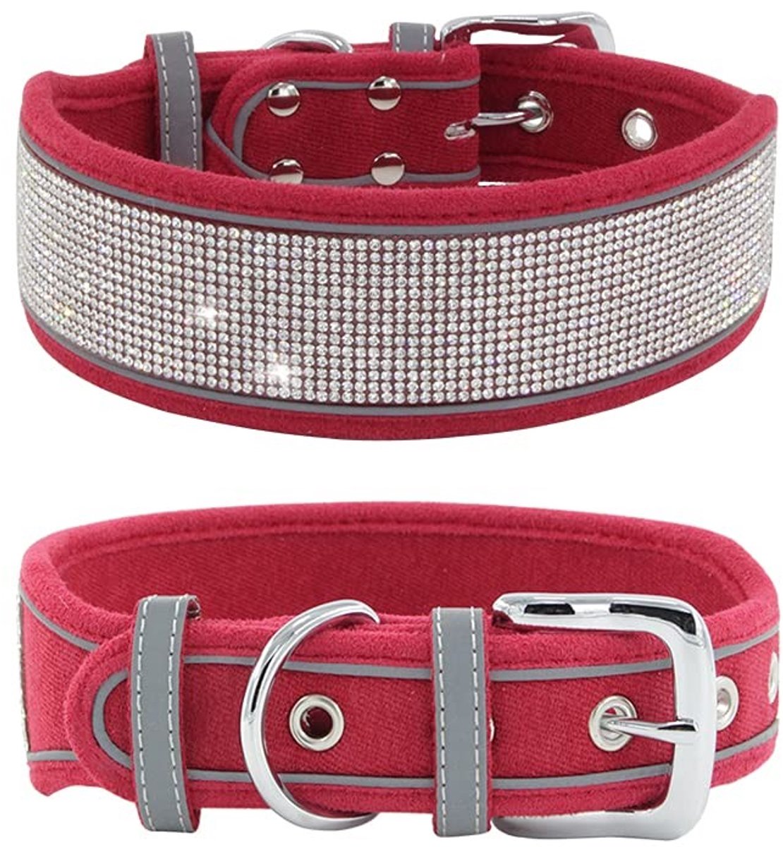 Dailygoods - Strass halsband - Oogverblindende suède halsband - Rood - Reflecterend - Voor middelgrote en grote honden