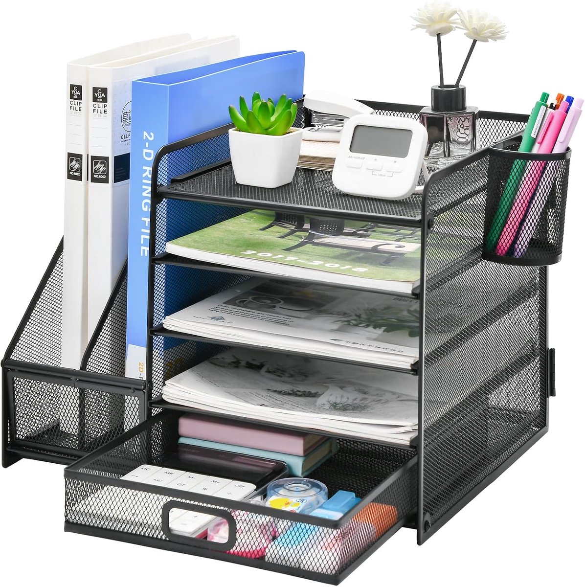 Pennenbak - 5 in 1 Pennenhouder - 5-laags Metalen Draad Documentenrek-Bureau Organizer-Archiefrek-Bureau Opbergsysteem-Kantoor Organizer-Zwart