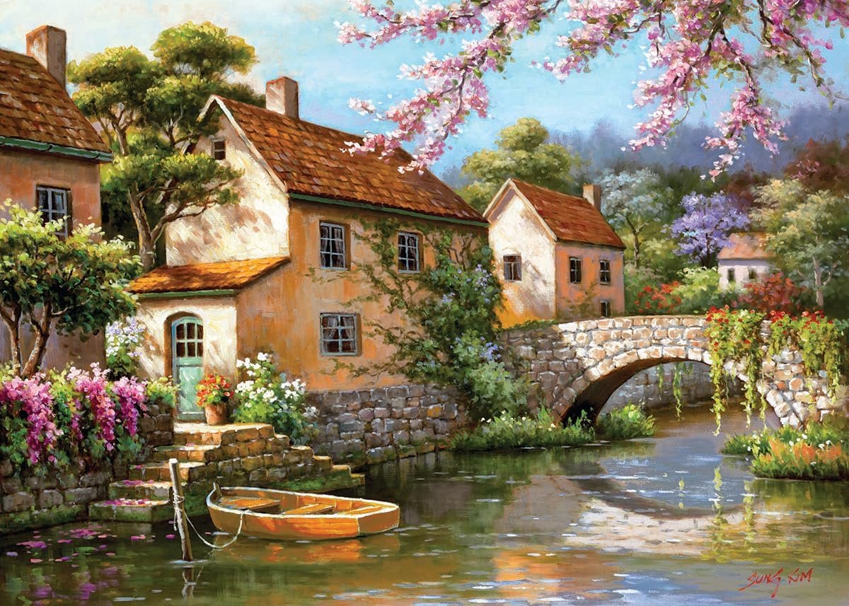Legpuzzel 1000 stukjes - Puzzel volwassenen - Ontspannen tijdverdrijf - Exclusieve kunstillustratie - 70 x 50 cm - Country Village Canal