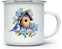 Enamelled Camping Mug - Outdoor Cup - Enjoying Drinks Outdoors - Vintage Charm Design - 350ml Capacity - Vogelhuisje Aquarel