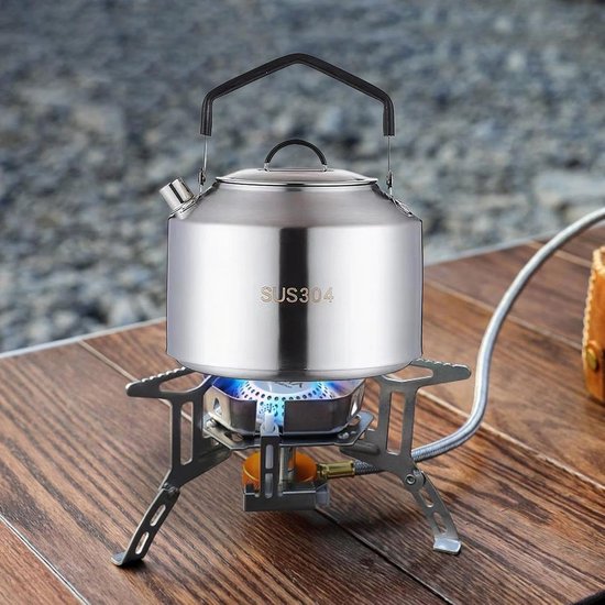 Roestvrijstalen waterfles voor op de camping - met hittebestendige handgreep - perfect voor het koken van water en het zetten van koffie in de buitenlucht -Inclusief opbergtas- 1,5 liter - 15 x 11 cm -Stijl 2 — afbeelding 2