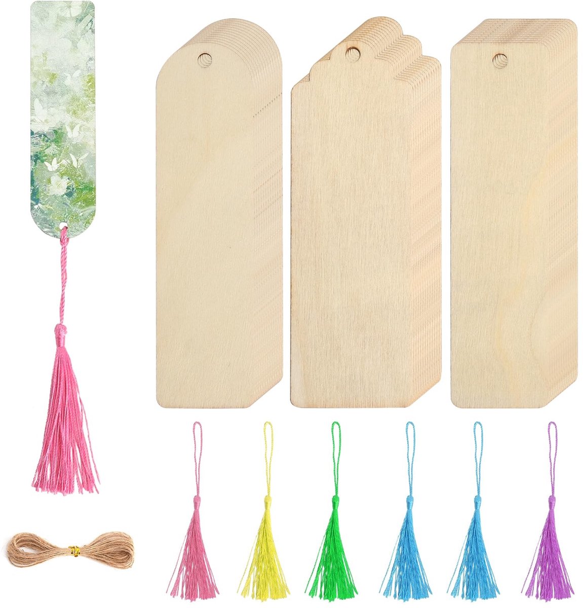 Dailygoods - 36 stuks onafgewerkte houten boekenleggers, blanco boekenleggers, knutselen, cadeautags met kwasten, met 6 kleuren kwasten om te knutselen en te beschrijven, voor doe-het-zelf bladwijzers