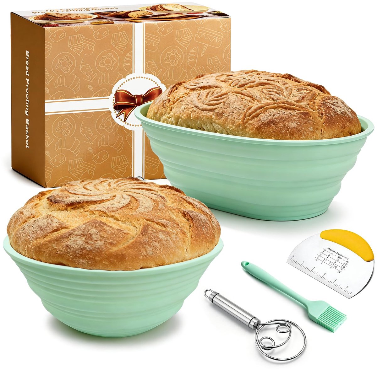 Dailygoods- Fermentatiemand 5-delig - Ronde/Ovale Rijsmanden - Siliconen Broodbakset - 25 cm/23 cm - Inclusief Deegschraper/Whisk - Versterkte Dikte 4 mm - Broodmand