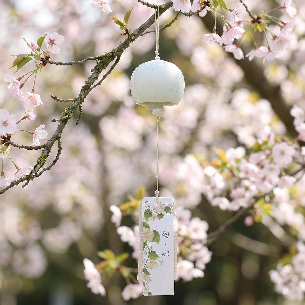 Dailygoods- Windbel Japanse Keramiek - Feng Shui Windgong - Kersenbloesemmotief - Weerbestendig - 43x6 cm - Elegante Decoratie
