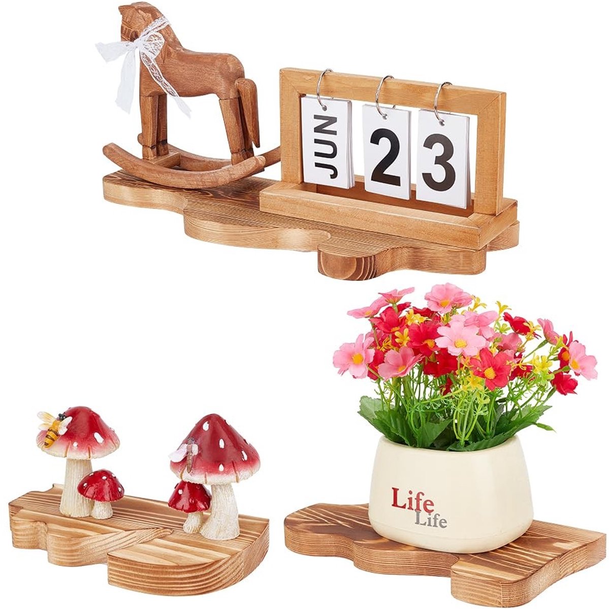 Dailygoods- Zwevende Planken Set van 3 - Rustieke Wandplank - Drijvende Plank - Wanddecoratie - Opslag voor Sieraden - Golvende Rand