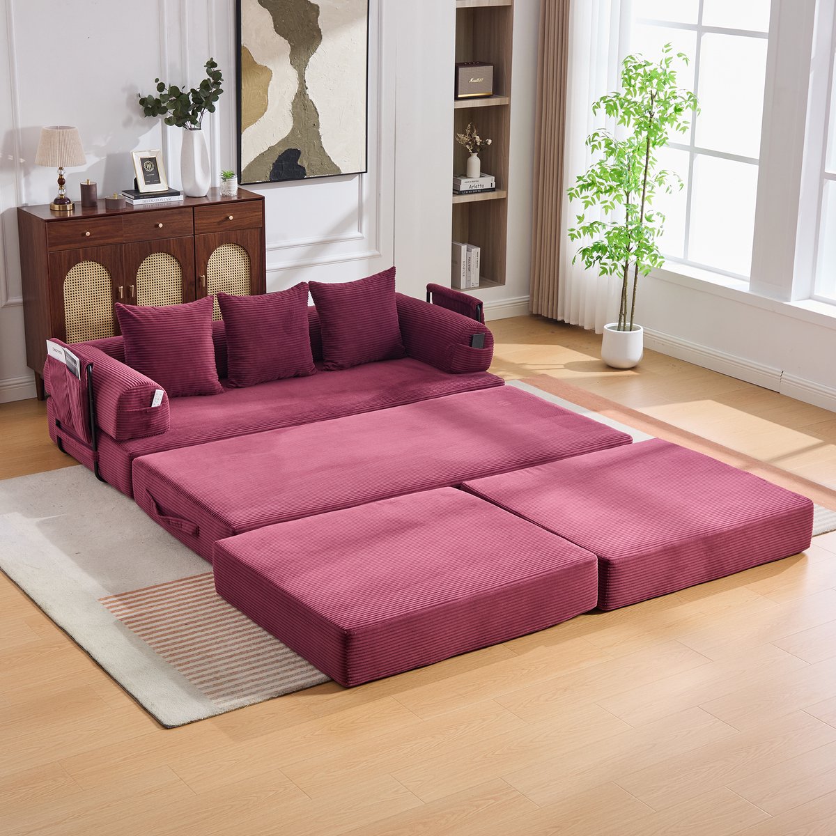 DESMIU Slaapbank 200 x 190 cm - Modulaire Bank Met Hocker, Zijvak En 3 Kussens - Voor Woonkamer En Appartement - Corduroy Wijnrood