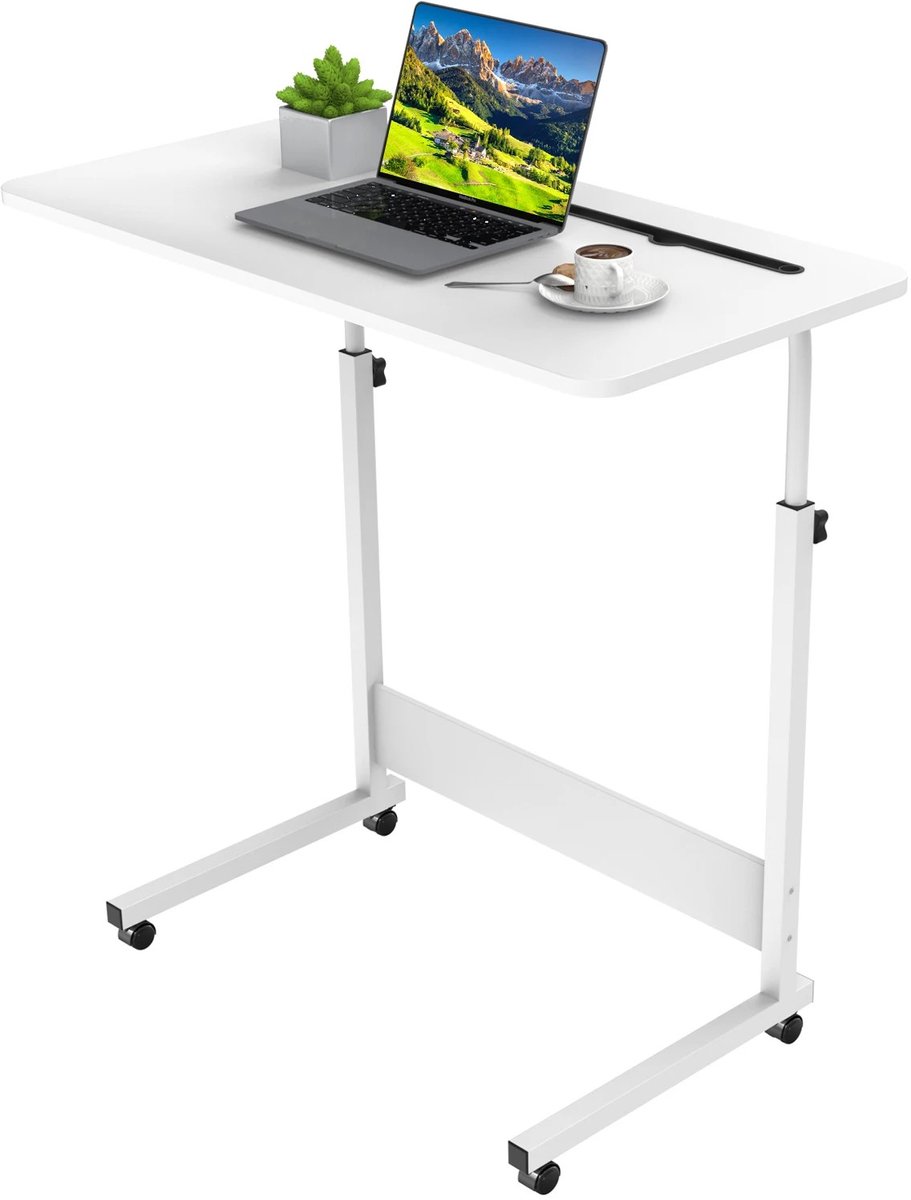 Dailygoods Mobiel in hoogte verstelbaar computerbureau met kabelmanagementgleuven, modern design, 4 wielen, in hoogte ve