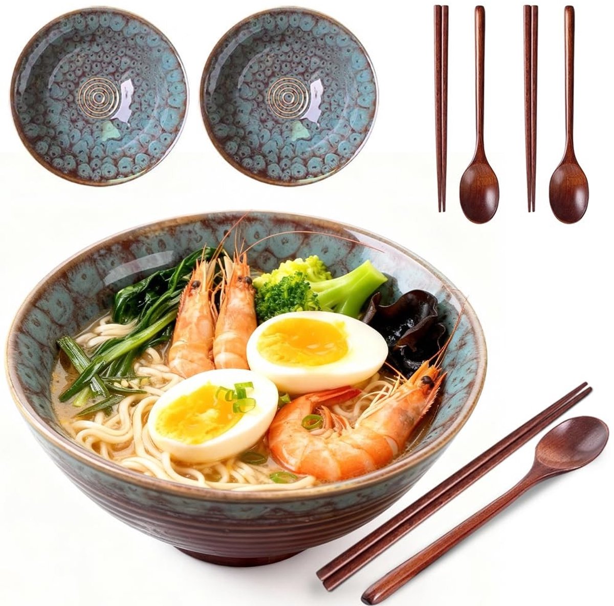 Dailygoods - Ramkommenset, 2-delige ramkommenset van keramiek, 1200 ml ramenkommenset met eetstokjes en lepels, bowl-kom, soepkom, groot voor ramen, soep, pasta, fruitsalade (pauwenstaart)