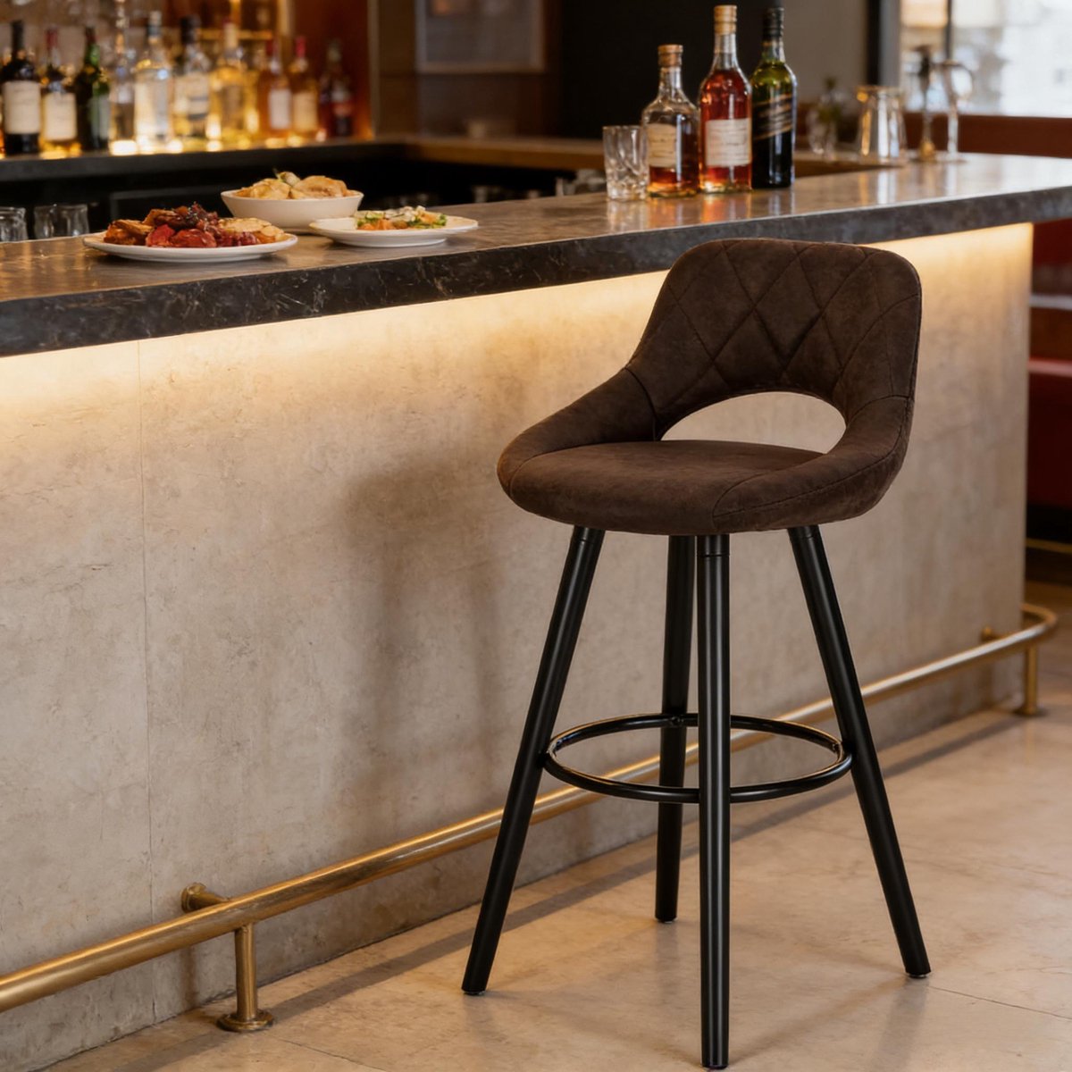 OKWISH Barkruk 68 cm - Ergonomische Zitting Met Rugleuning - Voor Keuken En Bar - Hout En Stof - Donkerbruin