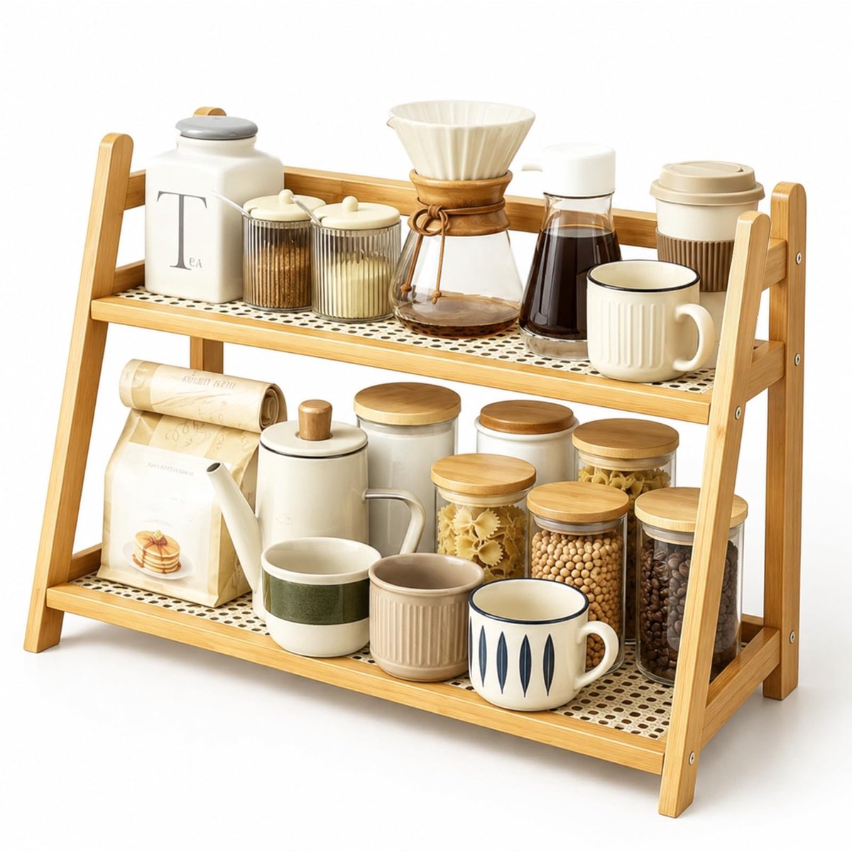 Dailygoods - Bamboe Keukenrek met 2 Hoogtes, Rotanweefsel voor Specerijen en Koffiekoppen, 45 x 18 x 28,5 cm