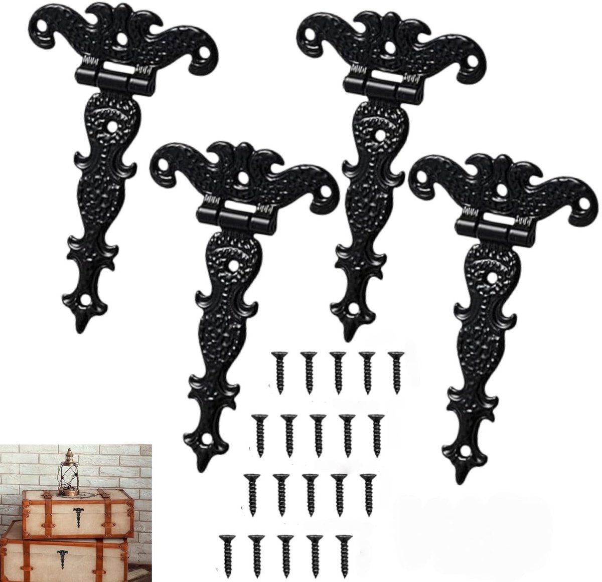 Dailygoods- Deurscharnieren 4 stuks - Klassieke T-scharnieren - Zwarte scharnieren - Zinklegering - Decoratieve meubelbanden - Antiek ontwerp met schroeven