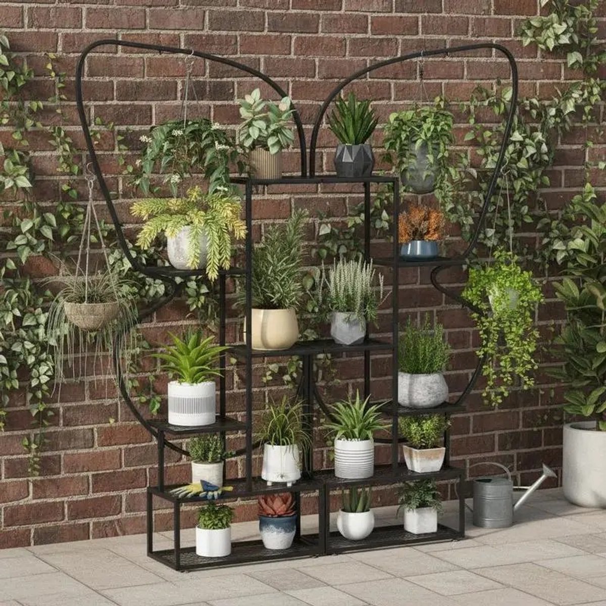 Dailygoods 6-laags metalen plantenstandaard met 12 metalen gaasplaten en 4 ophanghaken - zwart
