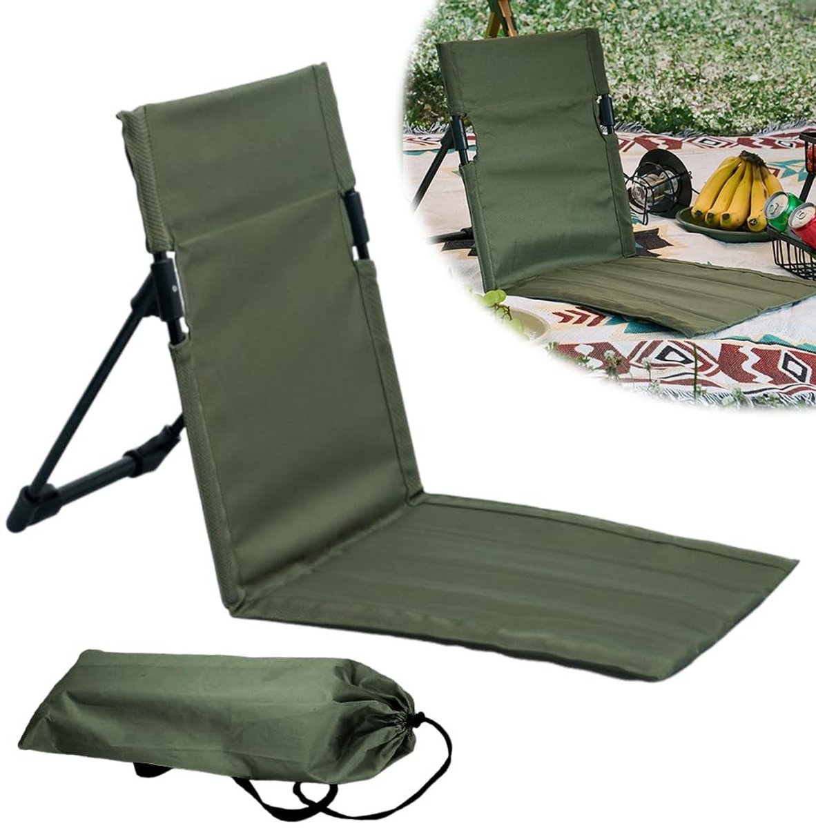 Dailygoods - Opvouwbare strandmat met rugleuning, inklapbare strandstoel, strandstoel, inklapbaar, licht, vloerstoel, outdoor, voor camping, tuin, concerten, picknick, wandelen, achtertuin (legergroen)