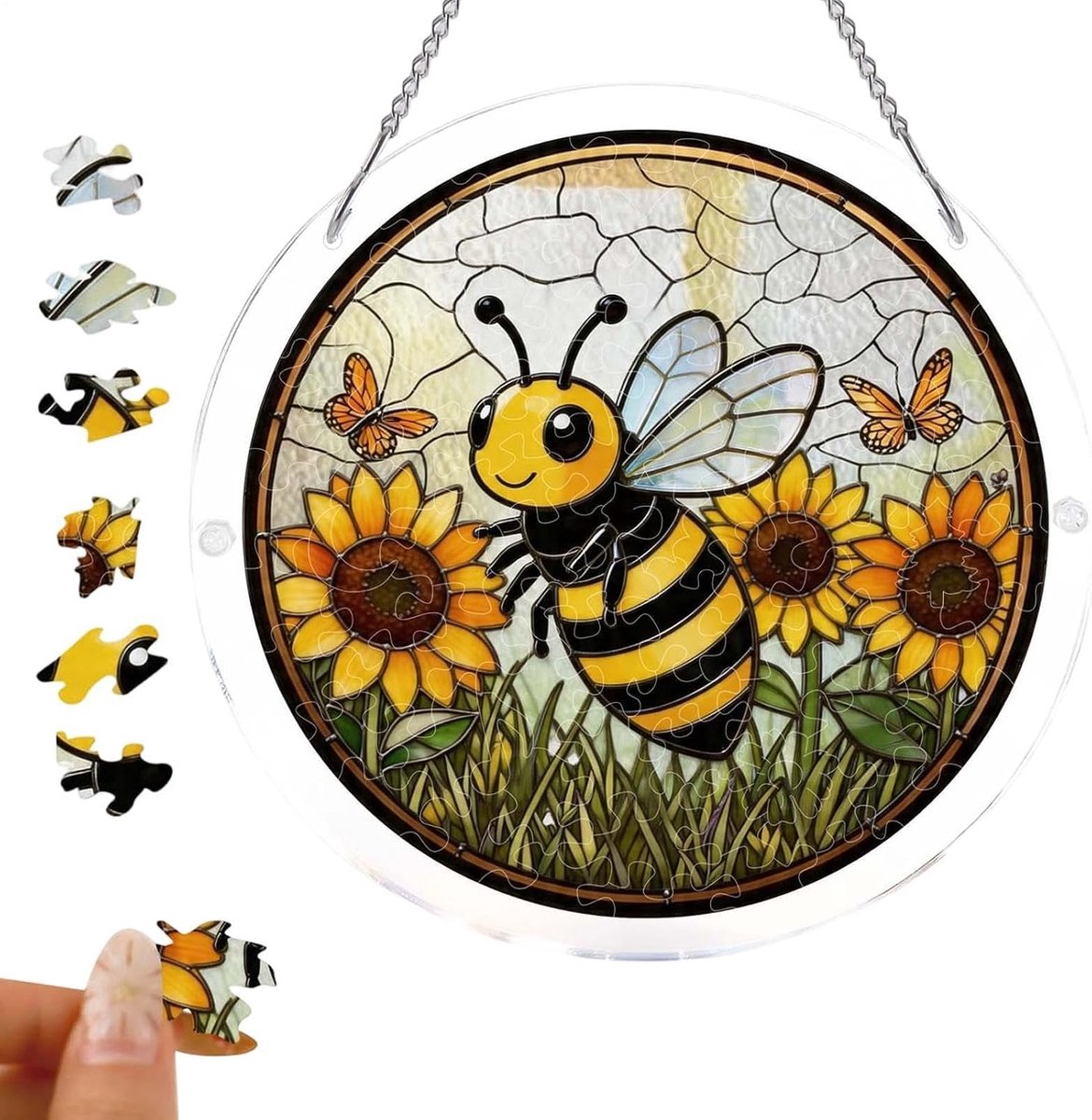 Zonnevanger Acryl Puzzel - Raamkunst Bijen Ornament - Raamdecoratie Maken - Lijmloze 83-delige Kit - 19 cm - Meerdere Kleuren