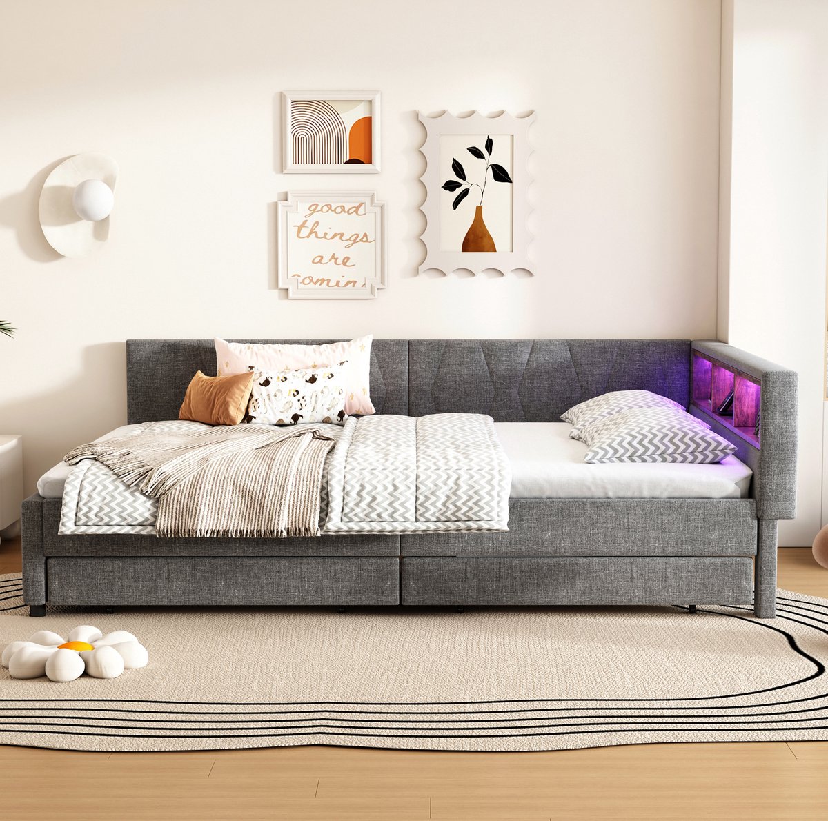 MEUNIQ slaapbank 140x200 cm met lattenbodem, 2 lades, opbergvakken, LED-verlichting, USB en Type-C, daybed voor slaapkamer of logeerkamer, grijs