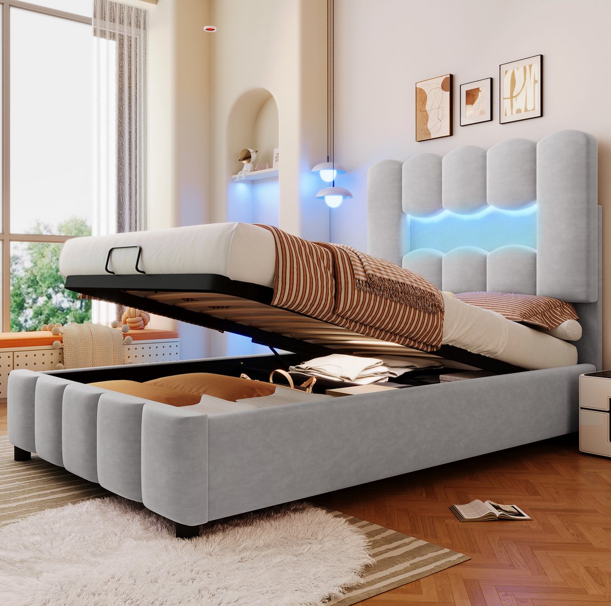 MEUNIQ gestoffeerd bed 90 x 200 cm met LED-verlichting, hydraulische opbergruimte en verstelbaar hoofdeinde, velours look, slaapkamer, grijs