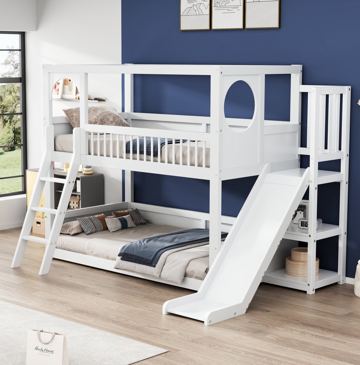 MEUNIQ Kinder stapelbed 90x200 cm met glijbaan, trap met opbergruimte, lattenbodem en veiligheidshekken, wit, zonder matras, voor kinderkamer