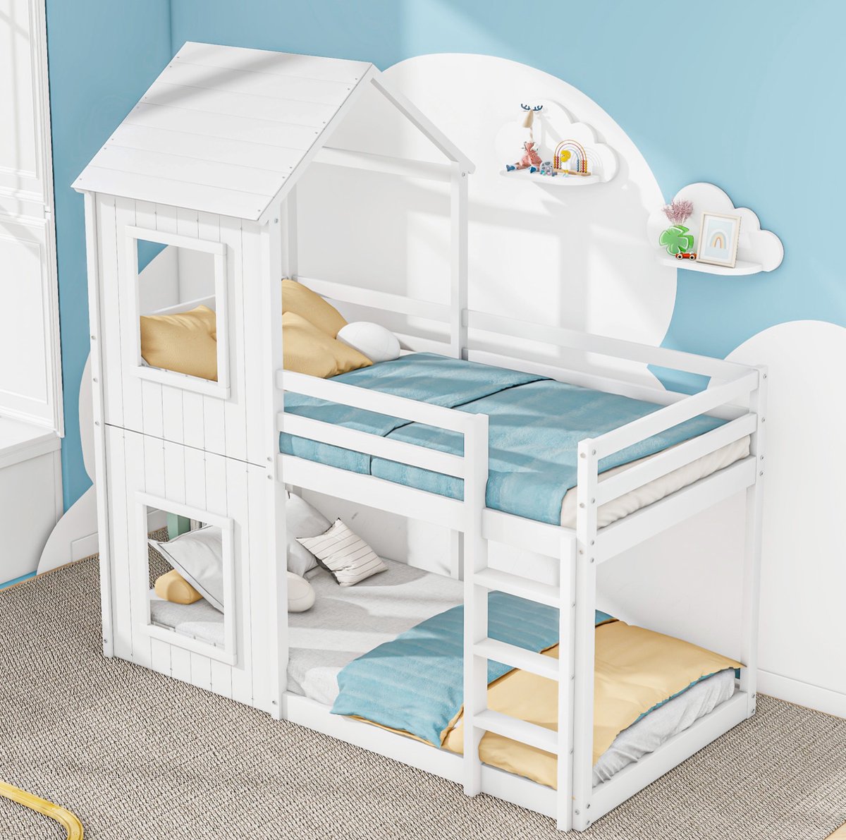 MEUNIQ Stapelbed 90x200 cm kinderbed in boomhutstijl met ladder en veiligheidshek, wit houten bedframe voor kinderkamer, zonder matras
