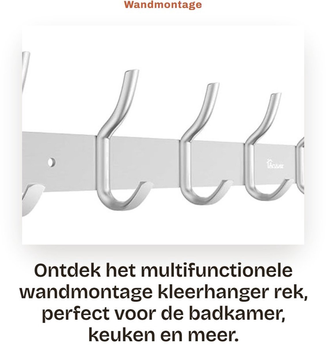Dailygoods- Kleerhanger Rek 42 cm - Wandmontage - 6 Haken - Aluminiumlegering - Zilver - M