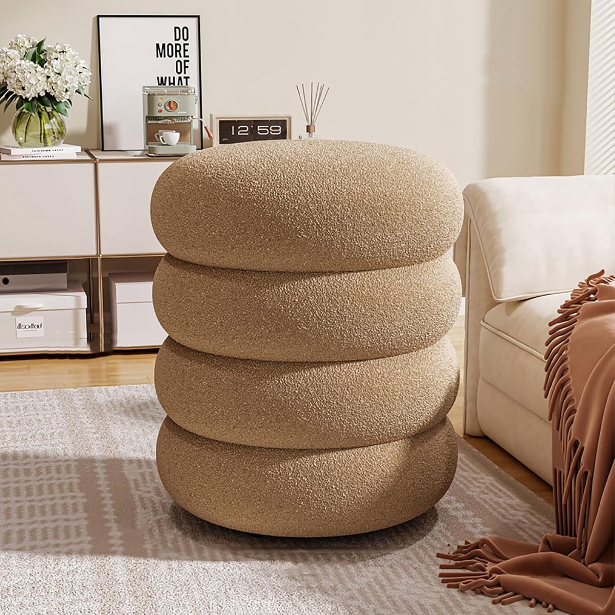 Ronde Poef - Voetenbank Kruk - Ontspannen Zitten - Gewatteerde Zitting - 35x35x40cm - Khaki