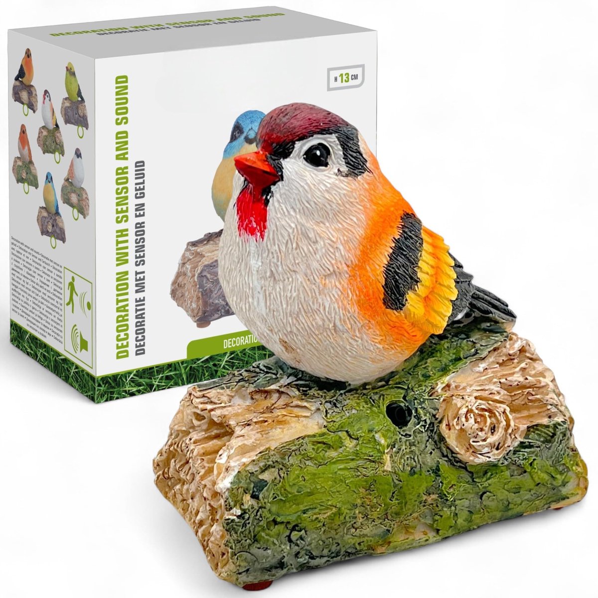 Dailygoods- Decoratieve Vogel met Bewegingsmelder - Handbeschilderd - Vogelgezang - 13 cm - Vilten Poten - Perfecte Decoratie